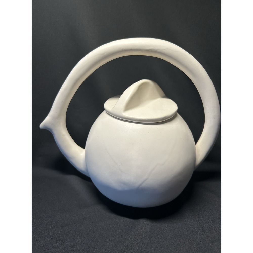 Modern Handcrafted Teapot With Arch Handle Sleek Matte White Finish Signed CG1